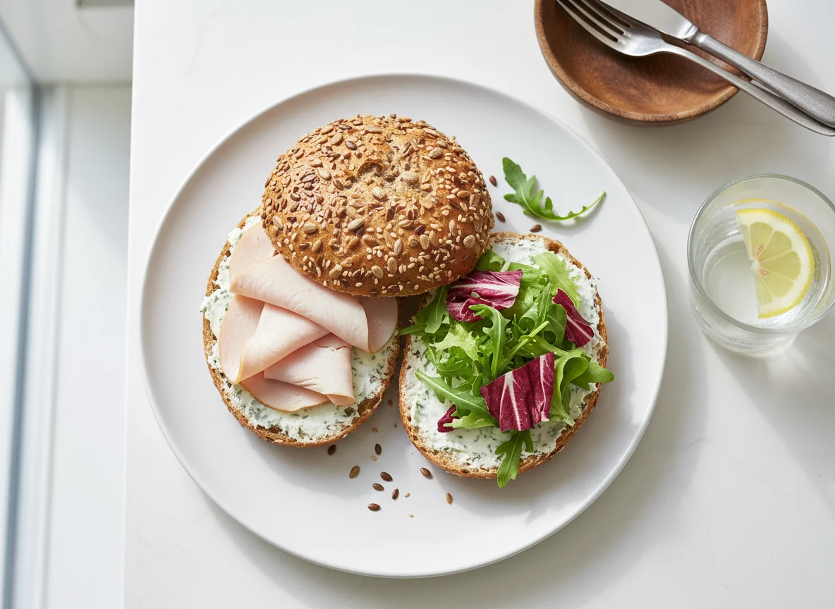 Körnerbrötchen mit Putenbrust und Salat photo