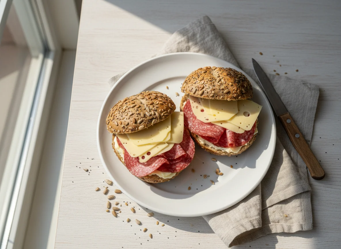 Körnerbrötchen mit Salami und Käse photo