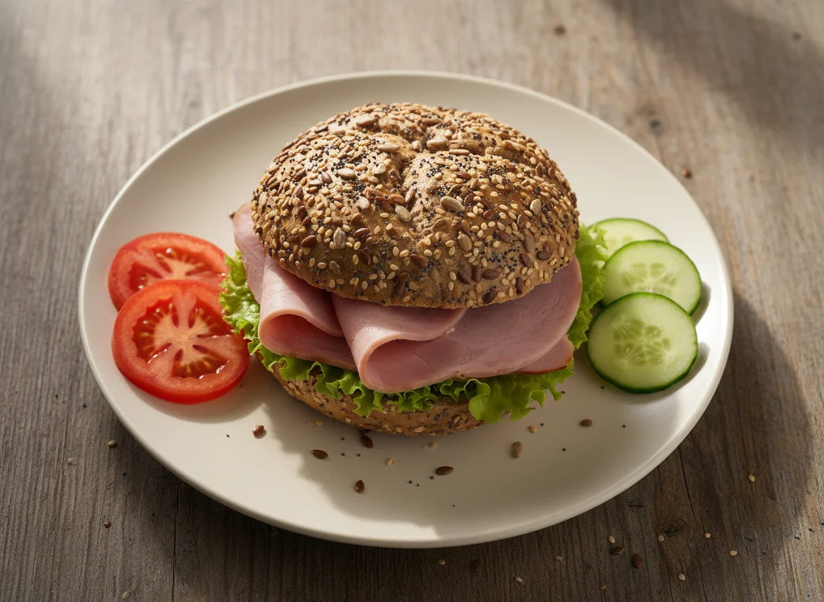Körnerbrötchen mit Schinken und Gemüse photo