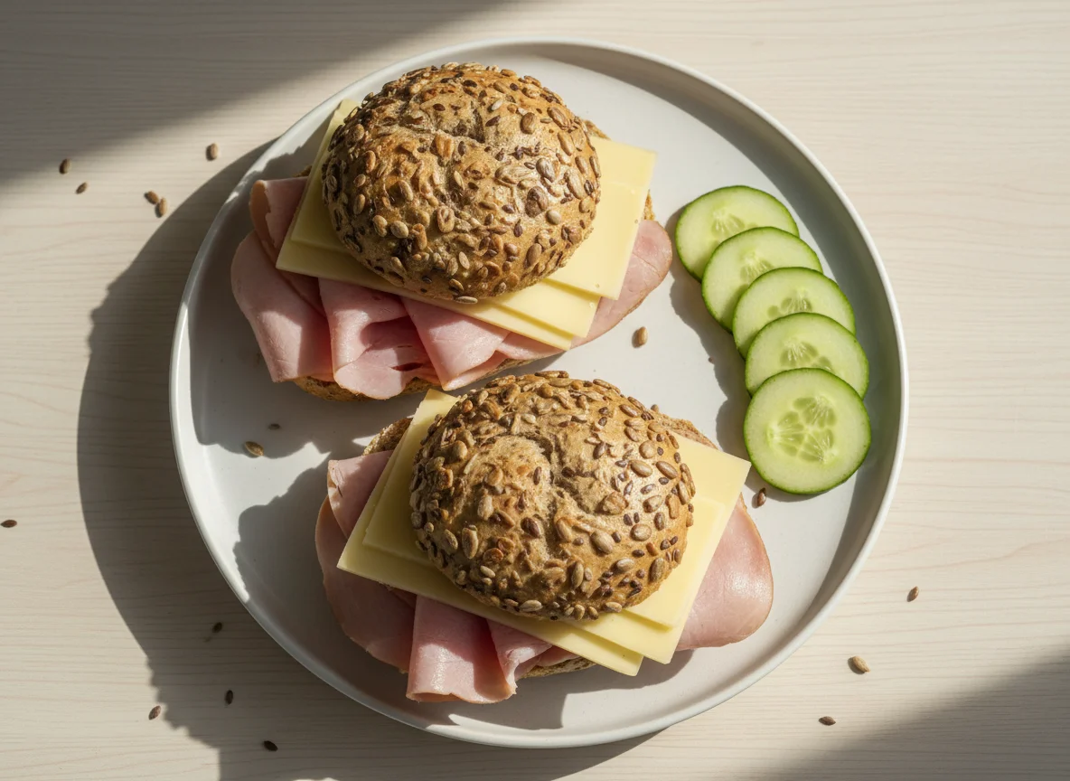 Körnerbrötchen mit Schinken und Käse photo