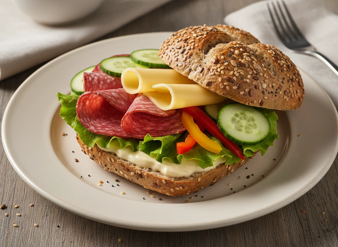 Kornsemmel mit Salami und Käse photo