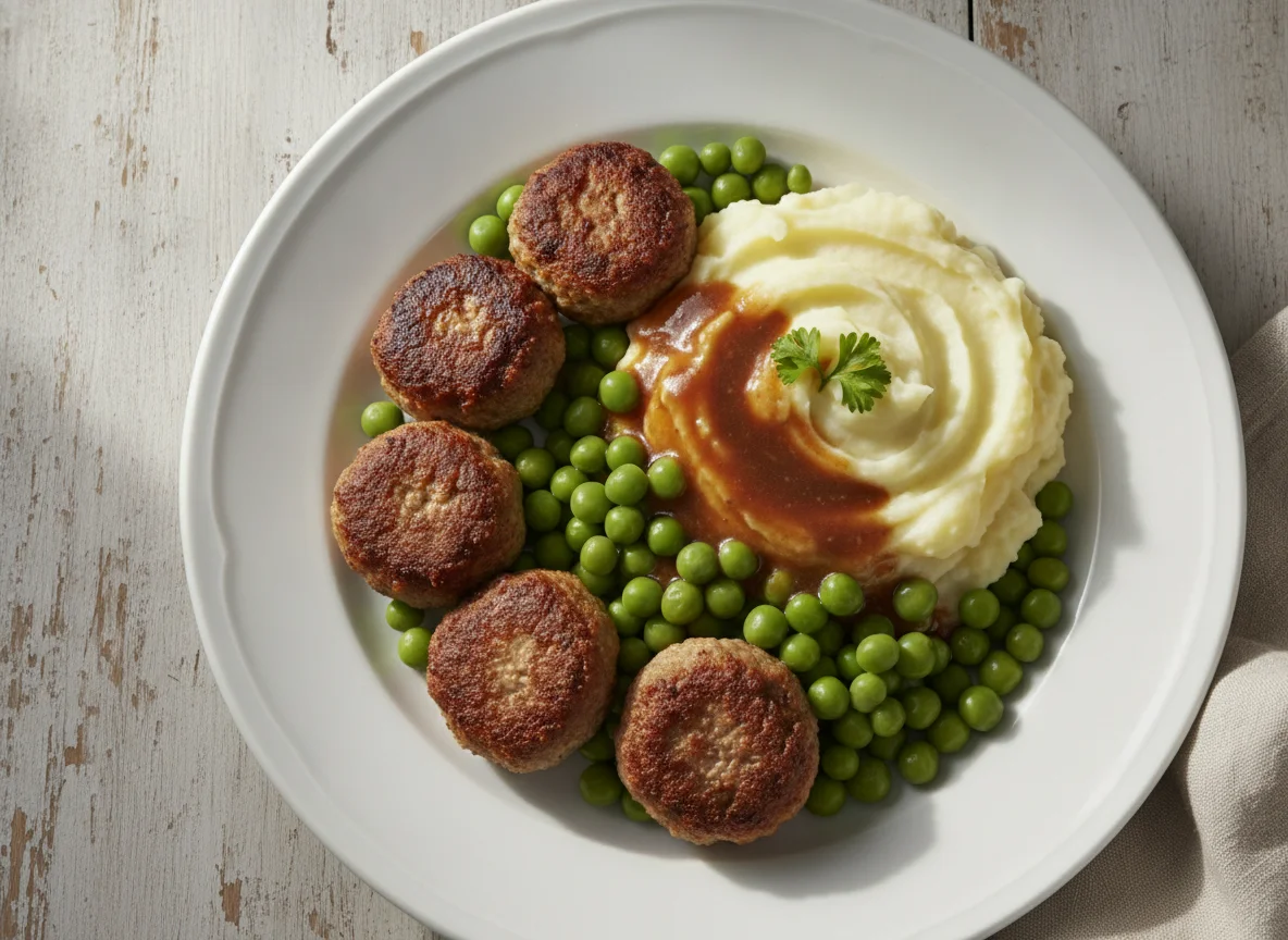 Köttbullar mit Kartoffelpüree, Erbsen und Bratensoße photo