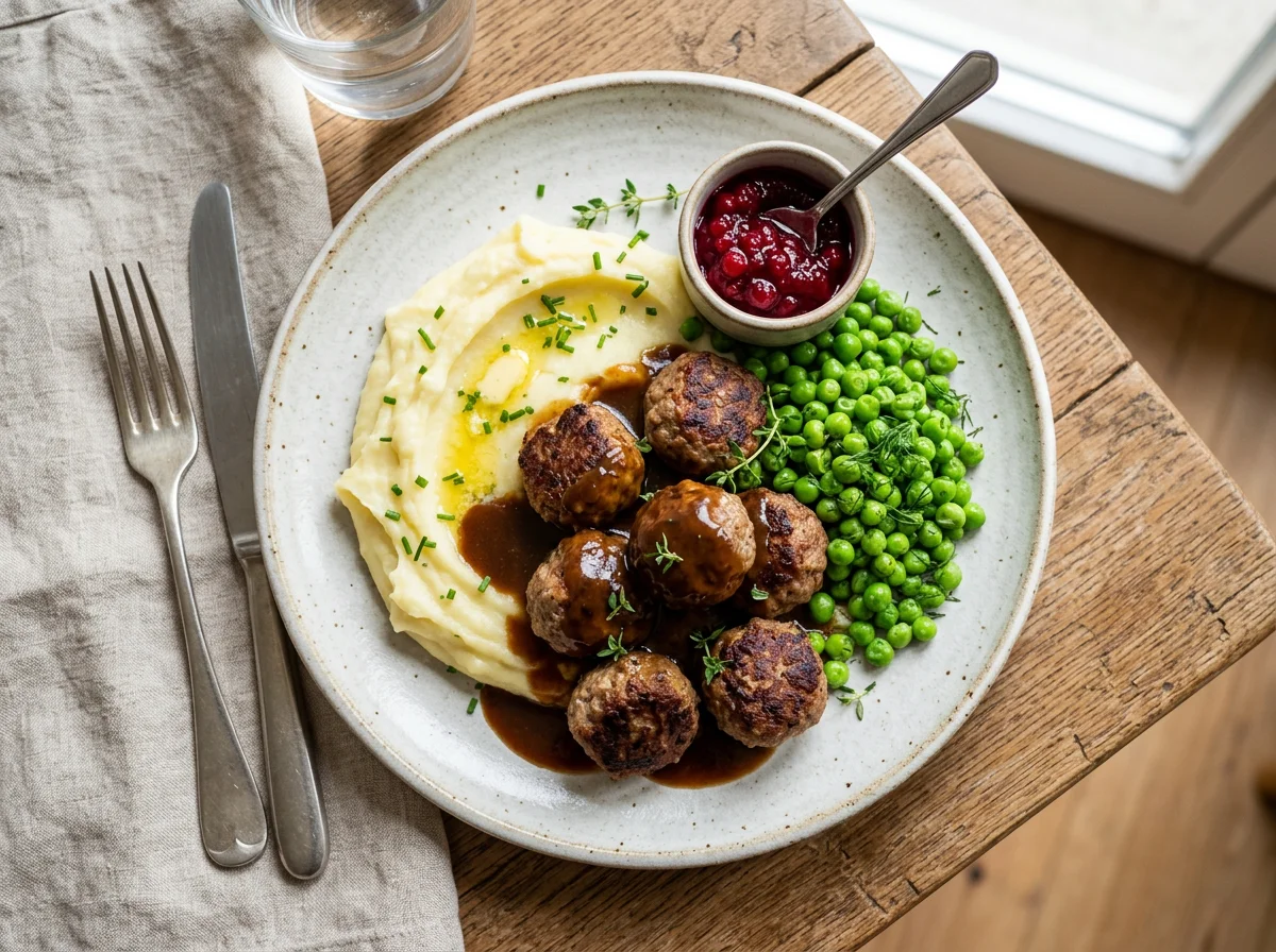 Köttbullar mit Kartoffelpüree, Erbsen und Preiselbeeren photo
