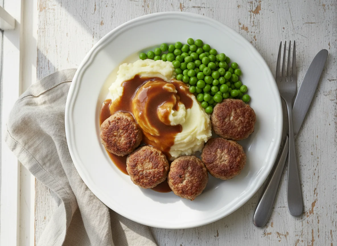 Köttbullar mit Kartoffelpüree, Erbsen und Soße photo