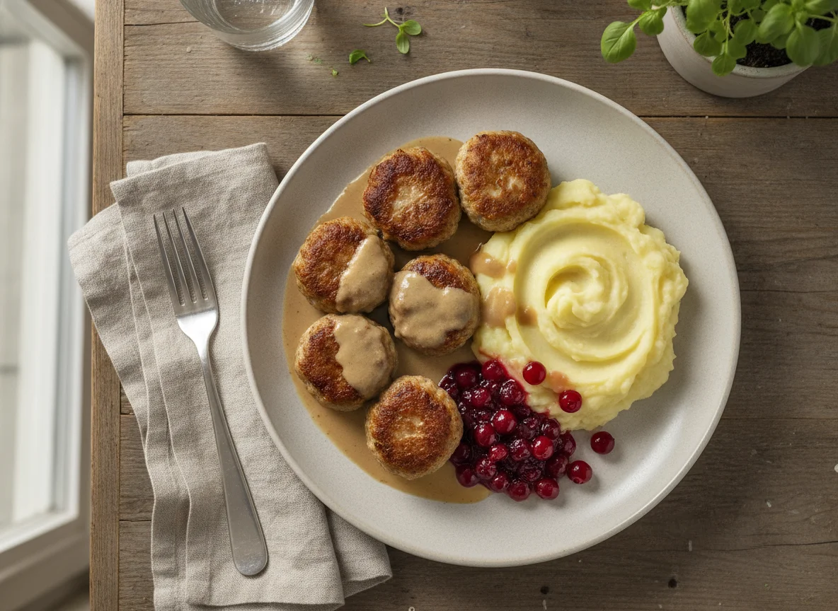 Köttbullar mit Kartoffelpüree und Preiselbeeren photo