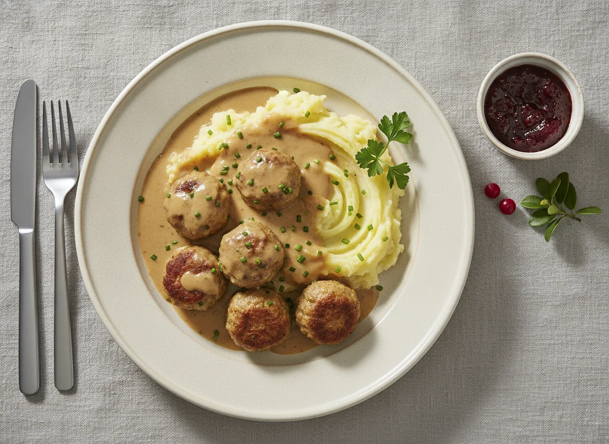 Köttbullar mit Kartoffelpüree und Rahmsauce photo