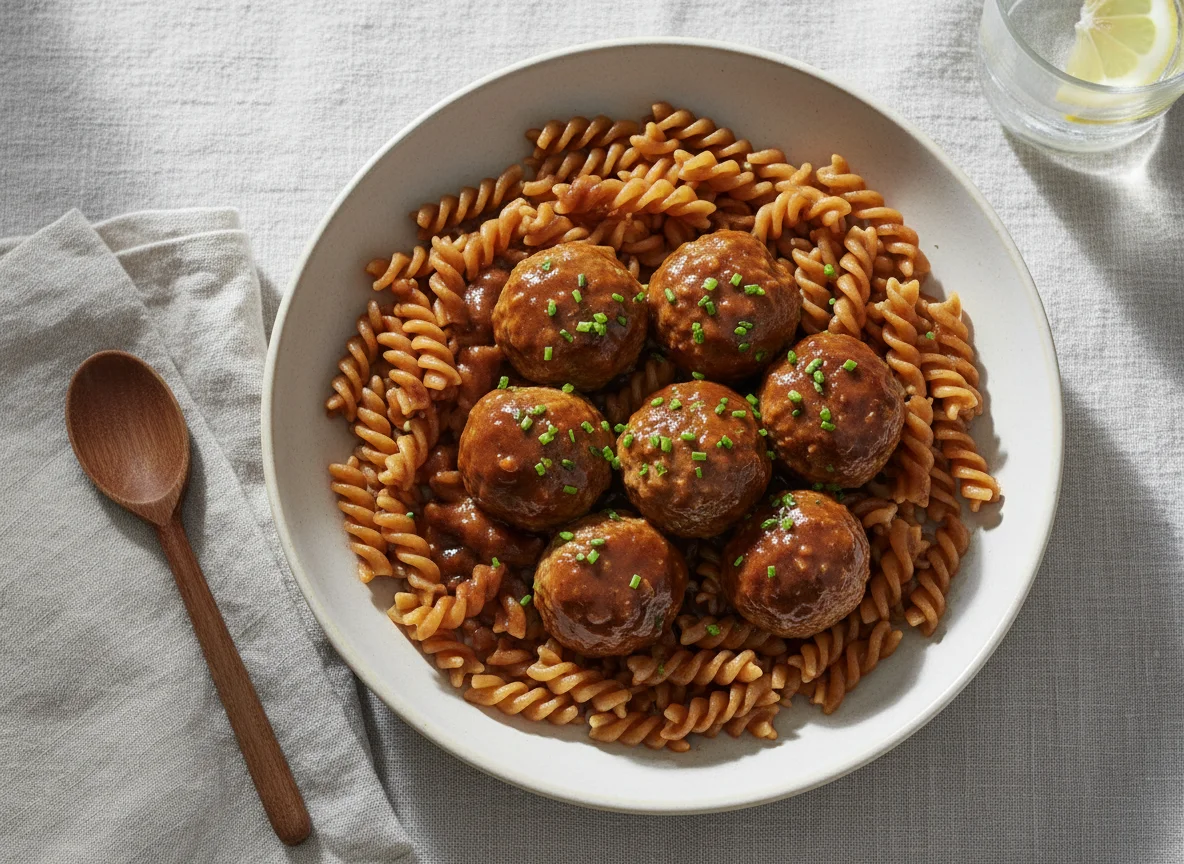 Köttbullar mit Nudeln und Soße photo