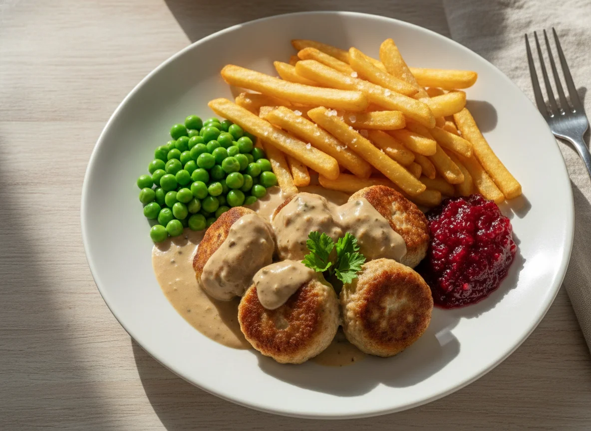 Köttbullar mit Pommes, Erbsen und Preiselbeeren photo