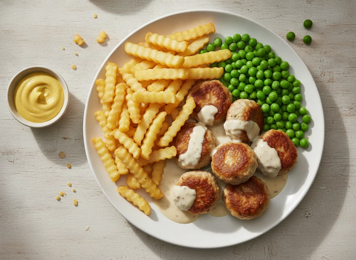 Köttbullar mit Pommes frites, Erbsen und Rahmsauce photo