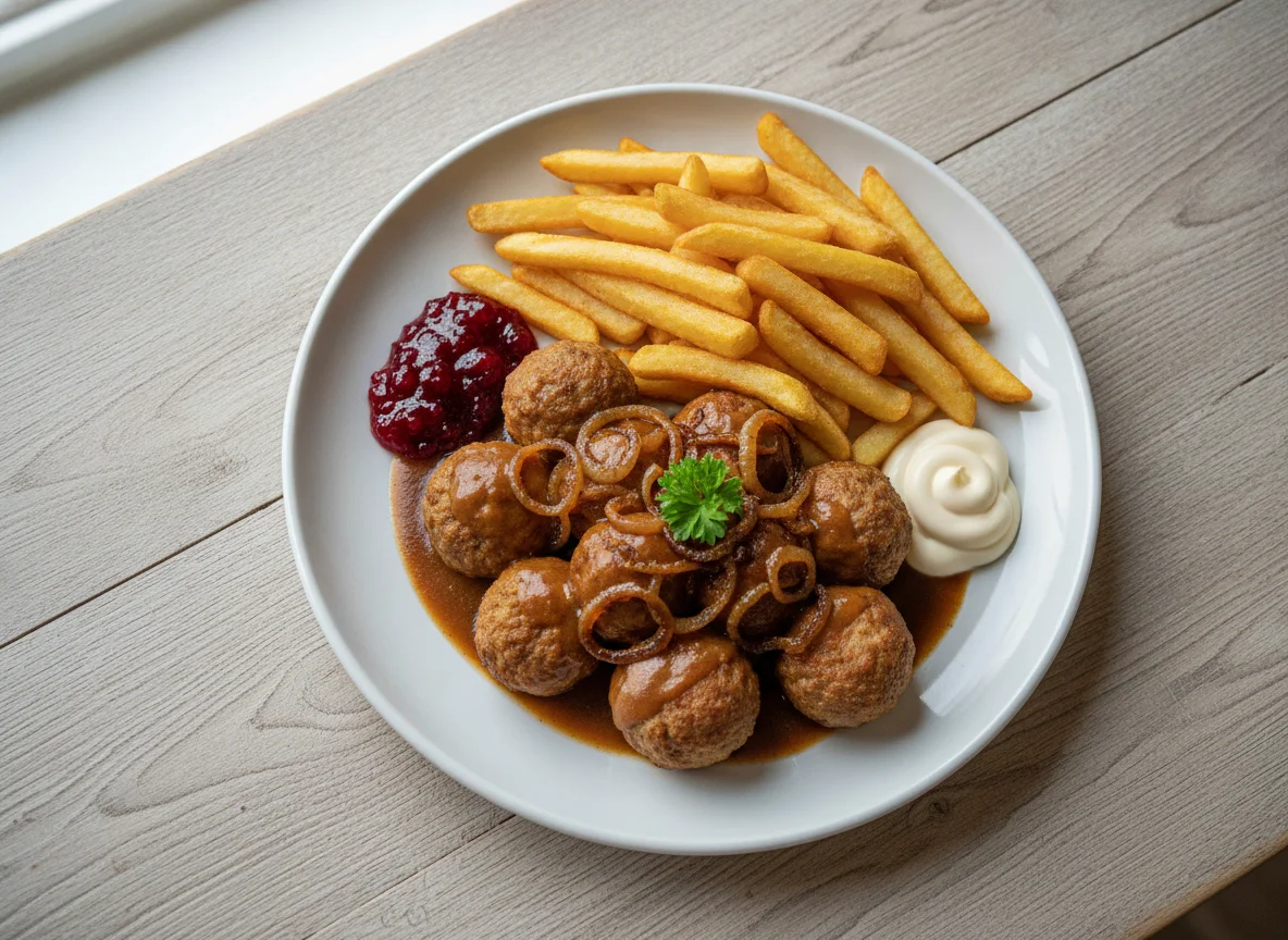 Köttbullar mit Pommes Frites, Preiselbeeren und Mayonnaise photo