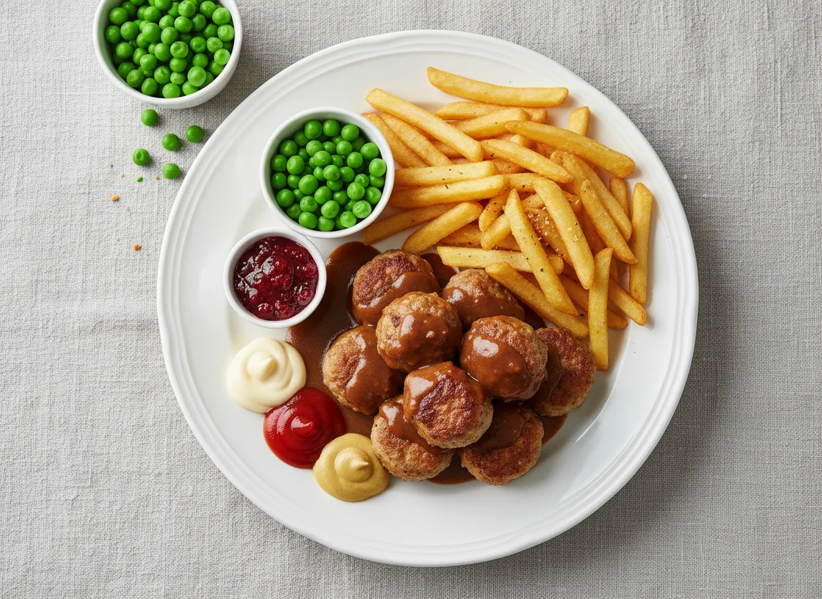 Köttbullar mit Pommes Frites und Beilagen photo