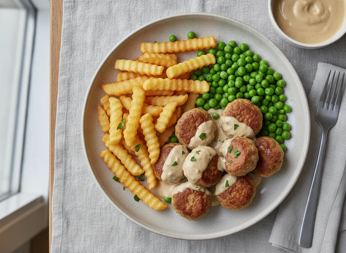 Köttbullar mit Pommes und Erbsen photo