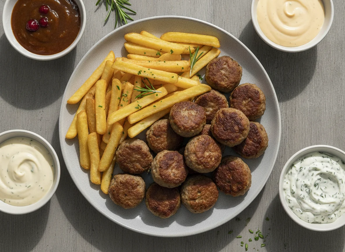 Köttbullar mit Pommes und Saucen photo