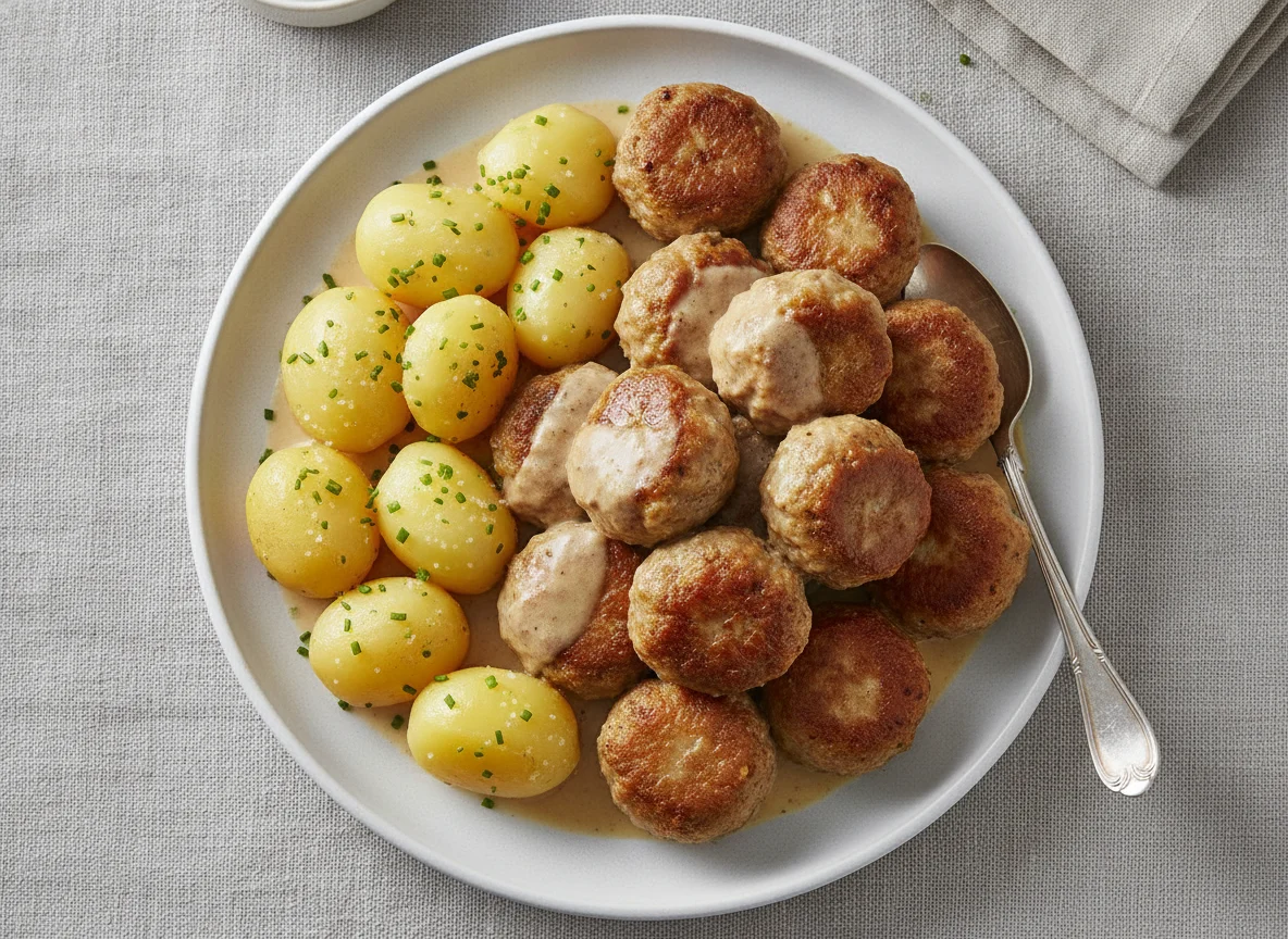 Köttbullar mit Salzkartoffeln und Rahmsauce photo