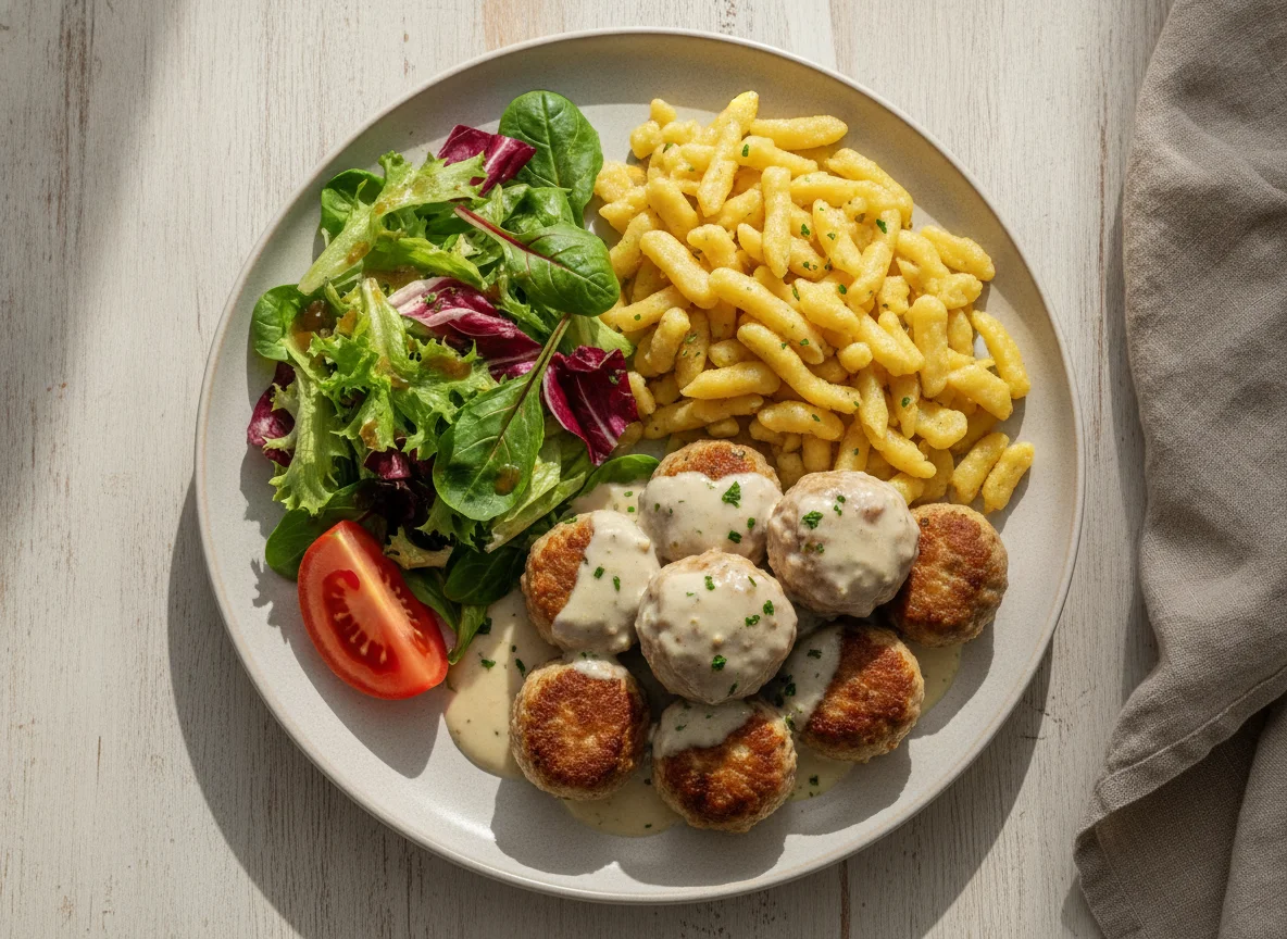Köttbullar mit Spätzle und Beilagensalat photo
