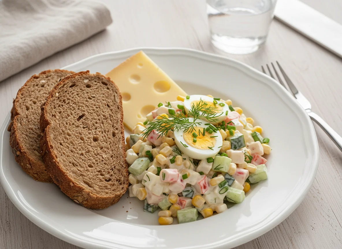 Krabbensalat mit Vollkornbrot und Käse photo