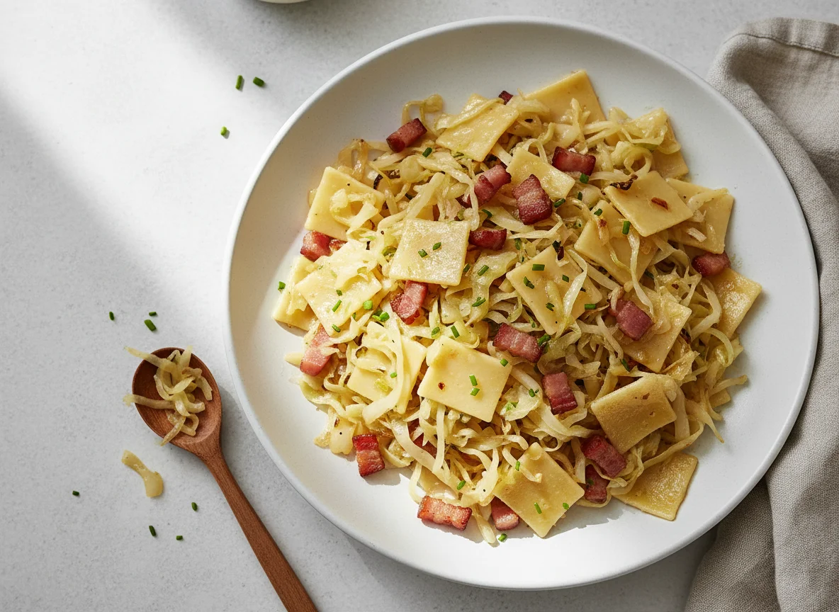 Krautfleckerl mit Speck photo