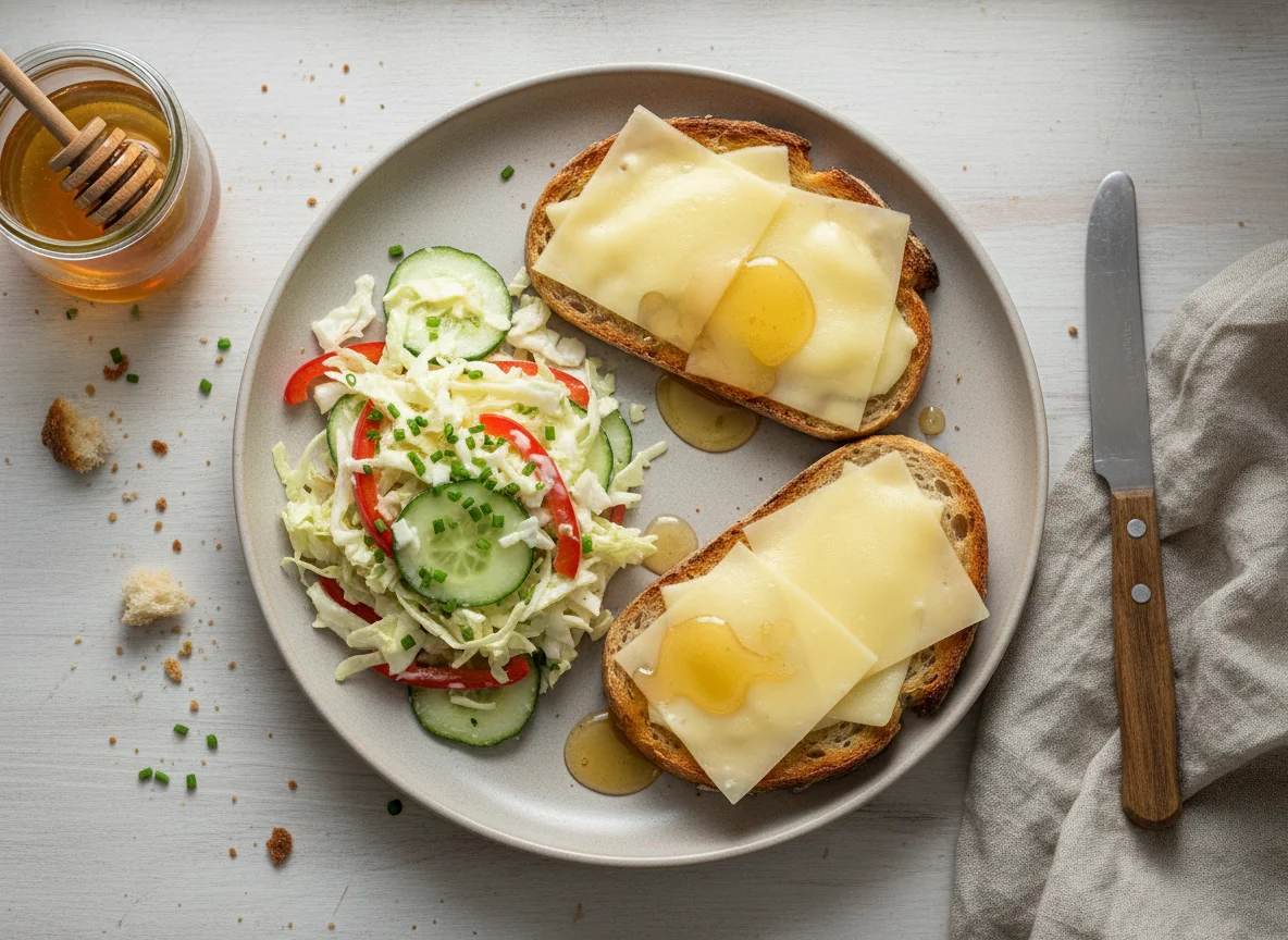 Krautsalat und Käsebrot mit Honig photo