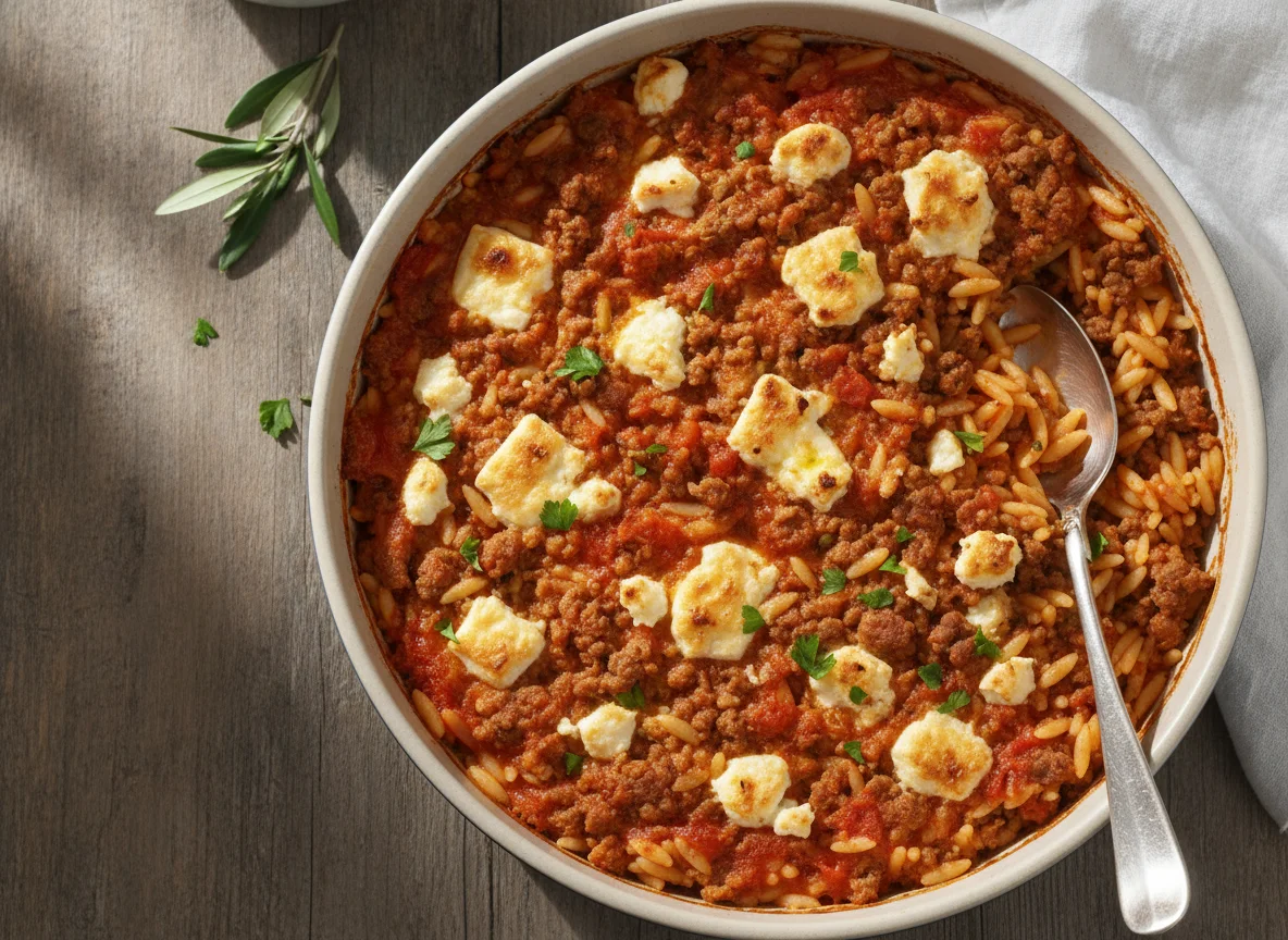 Kritharaki-Auflauf mit Hackfleisch und Feta photo