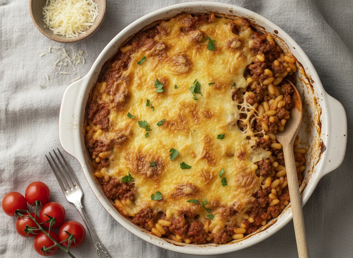 Kritharaki-Auflauf mit Hackfleisch und Käse photo