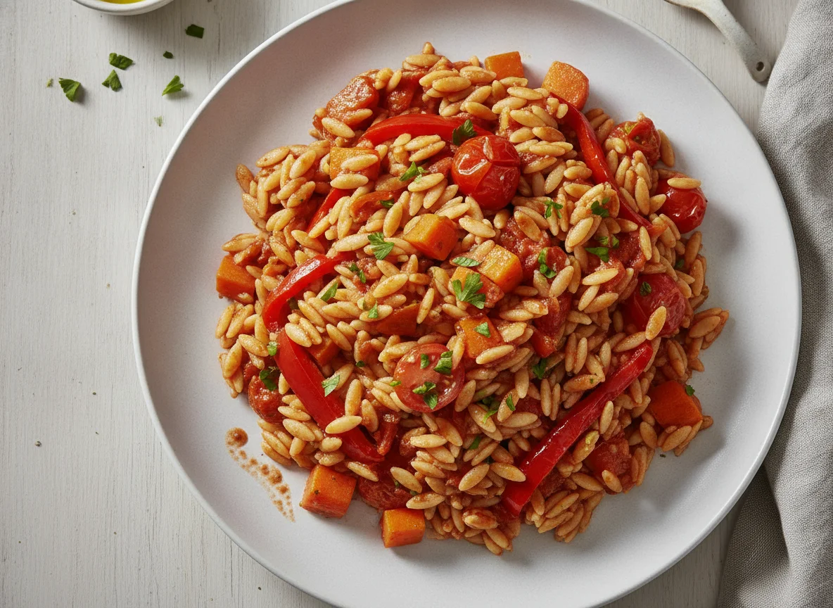 Kritharaki-Pfanne mit Gemüse photo