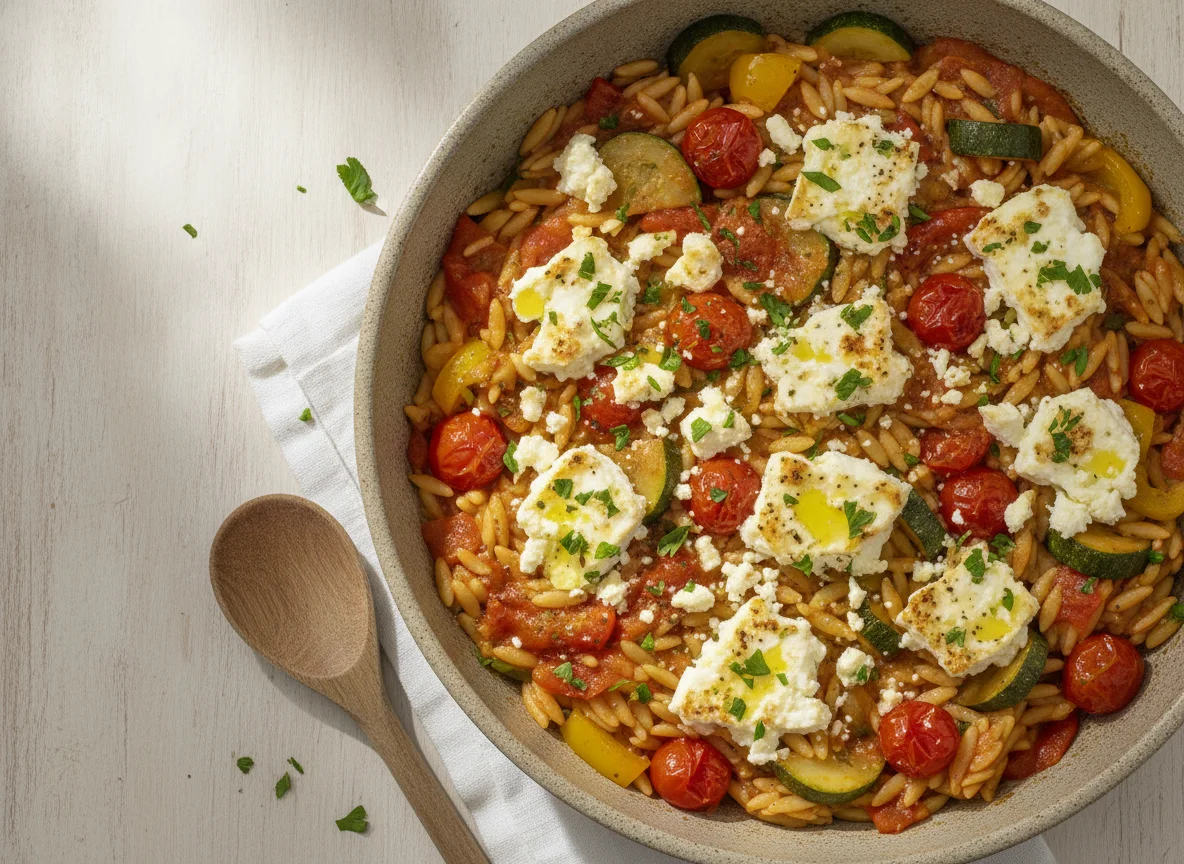Kritharaki-Pfanne mit Gemüse und Feta photo