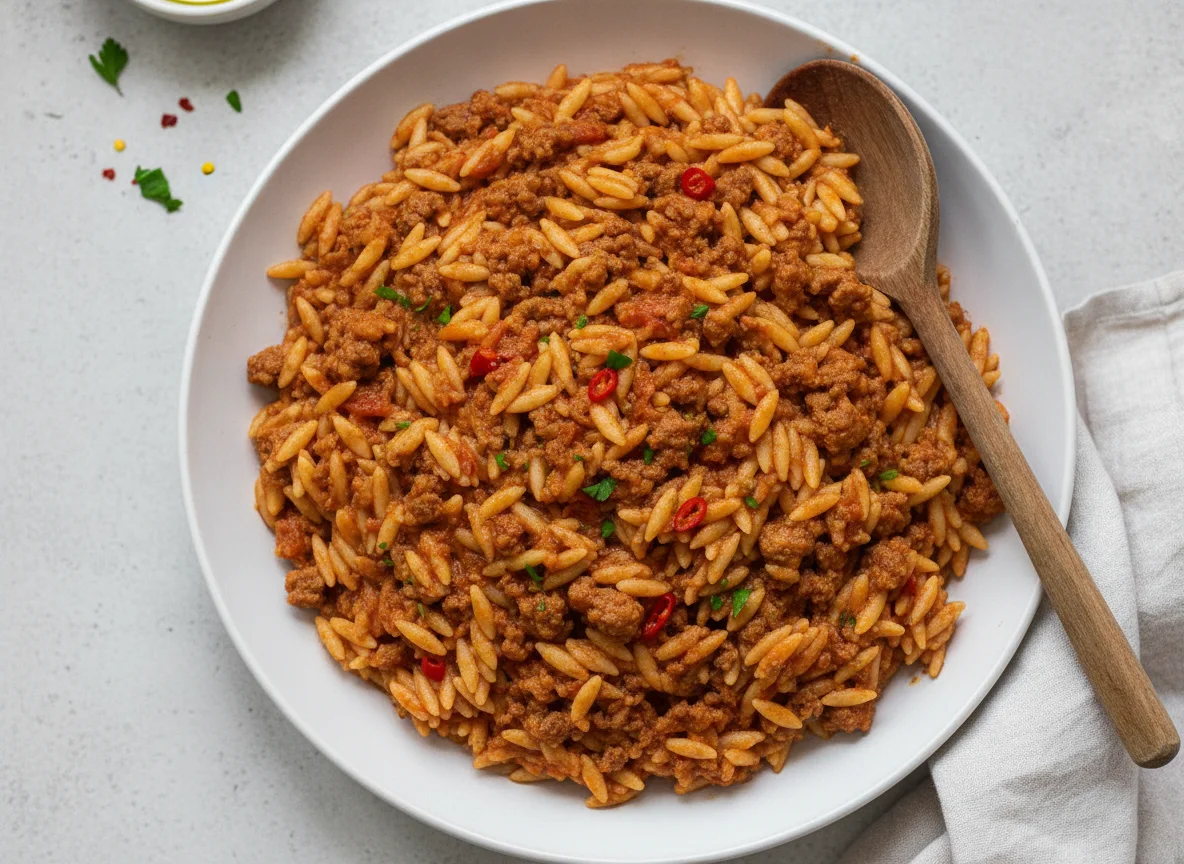 Kritharaki-Pfanne mit Hackfleisch photo