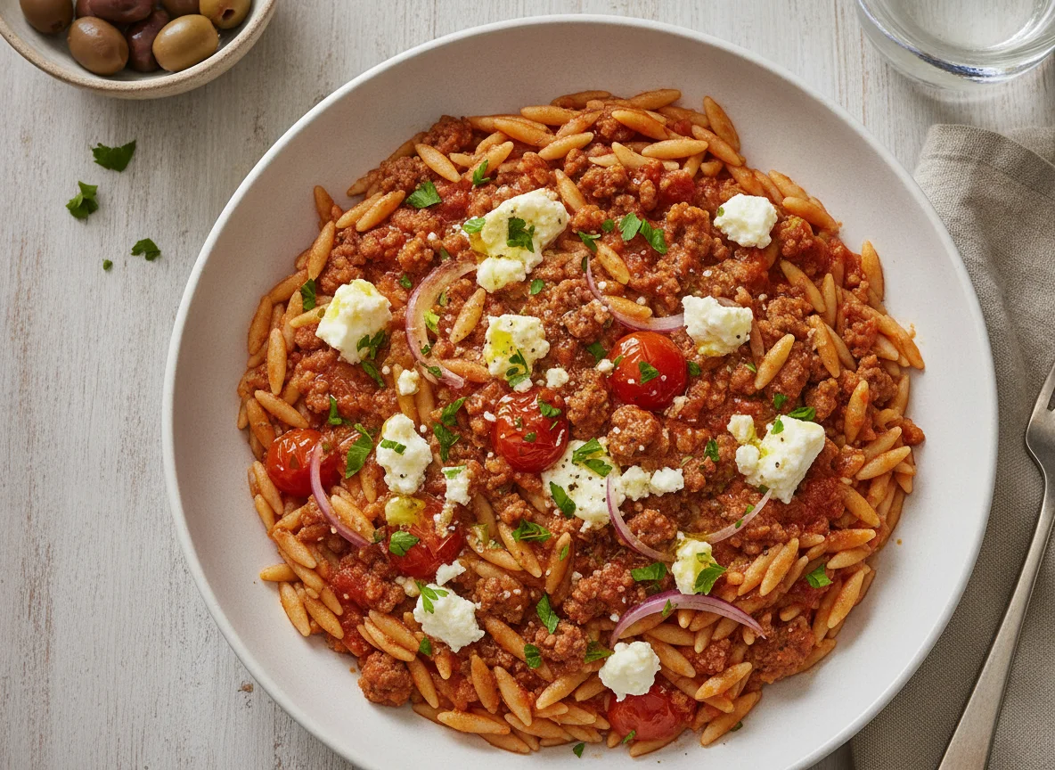 Kritharaki-Pfanne mit Hackfleisch und Feta photo