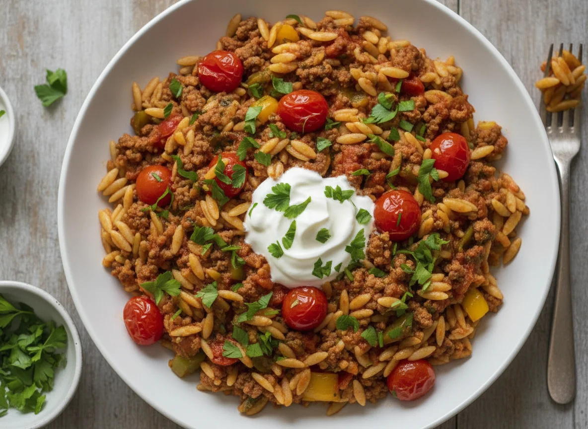 Kritharaki-Pfanne mit Hackfleisch und Paprika photo