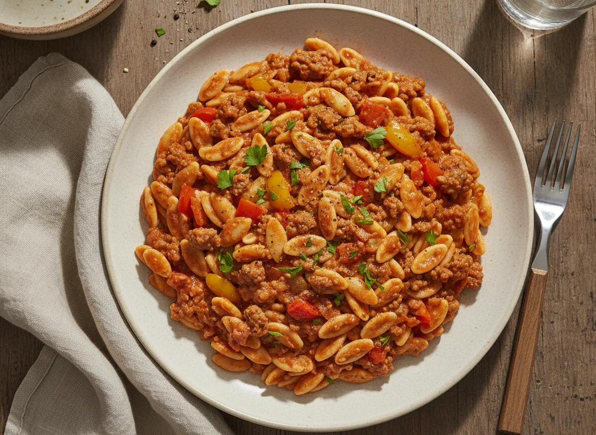 Kritharaki-Pfanne mit Hackfleisch und Tomatensauce photo