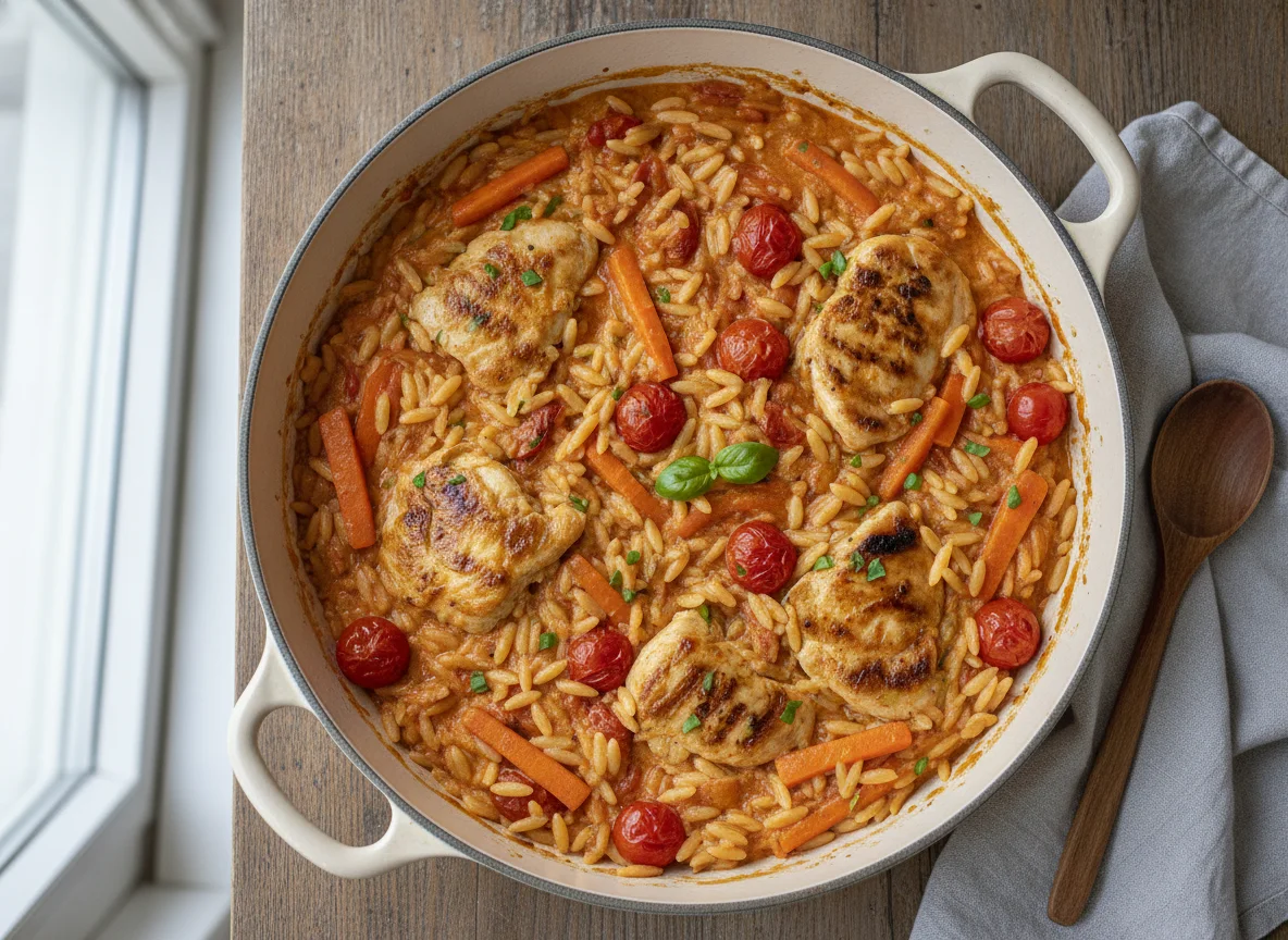 Kritharaki-Pfanne mit Hähnchen und Gemüse photo