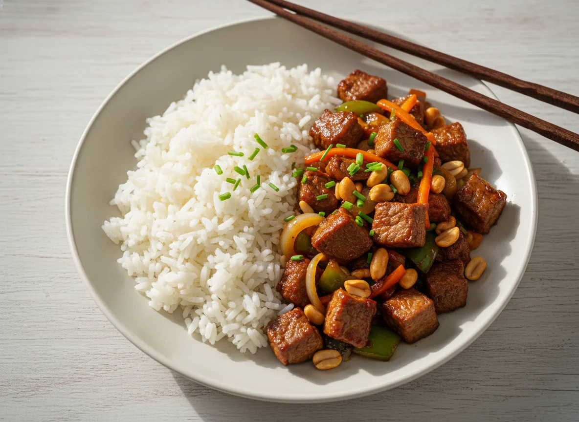 Kung Pao Rindfleisch mit Reis photo