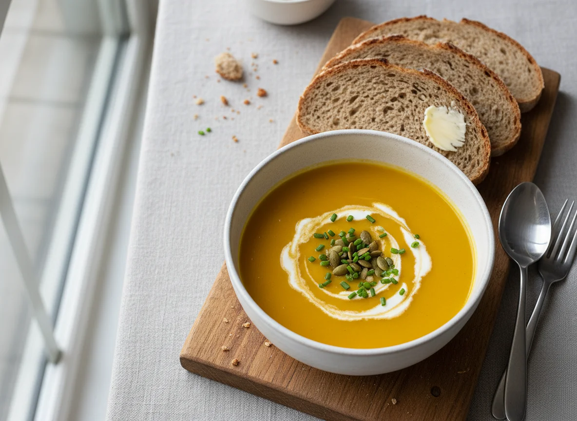 Kürbiscremesuppe mit Brot photo