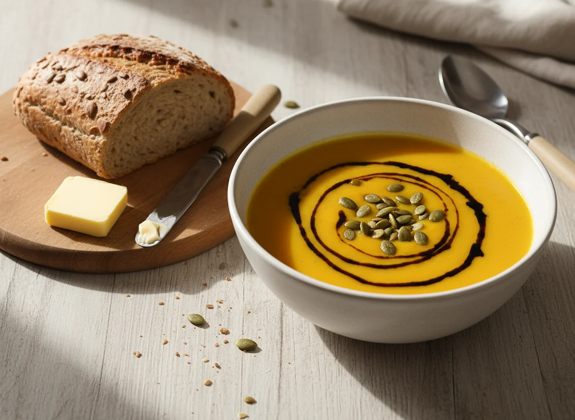 Kürbiscremesuppe mit Brot und Butter photo