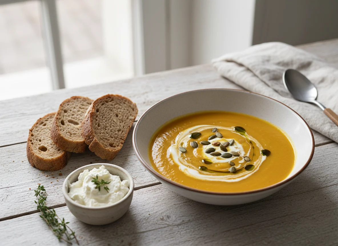 Kürbiscremesuppe mit Brot und Frischkäse photo