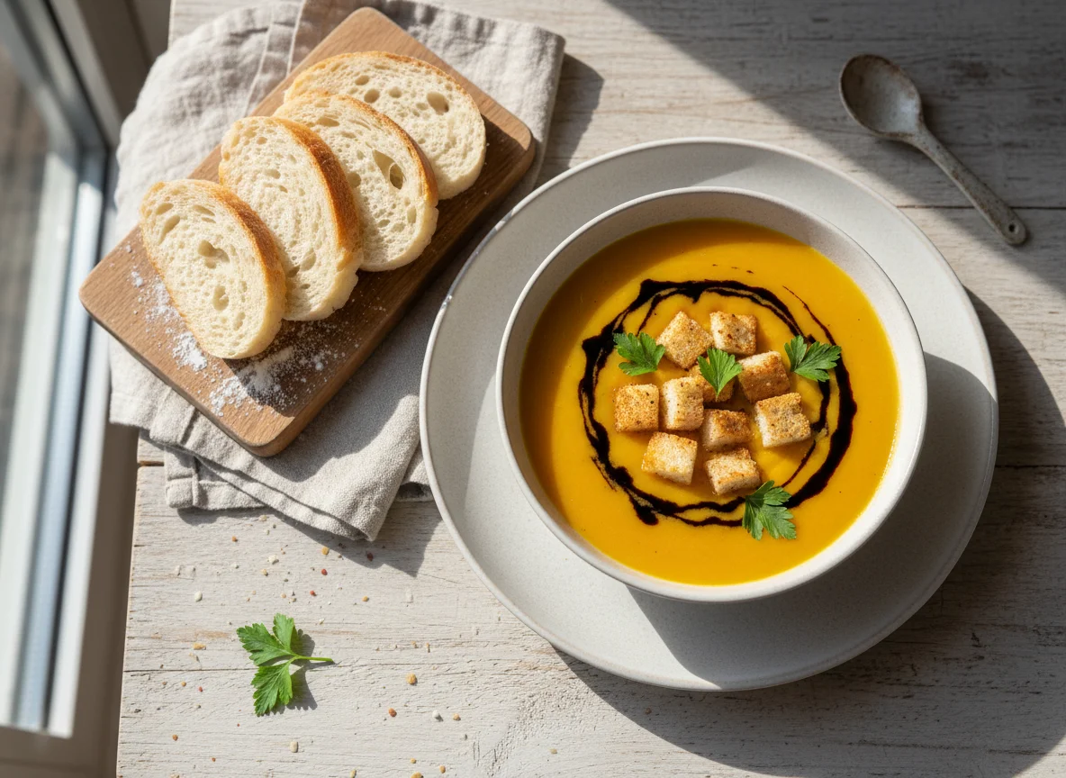 Kürbiscremesuppe mit Croutons und Brot photo