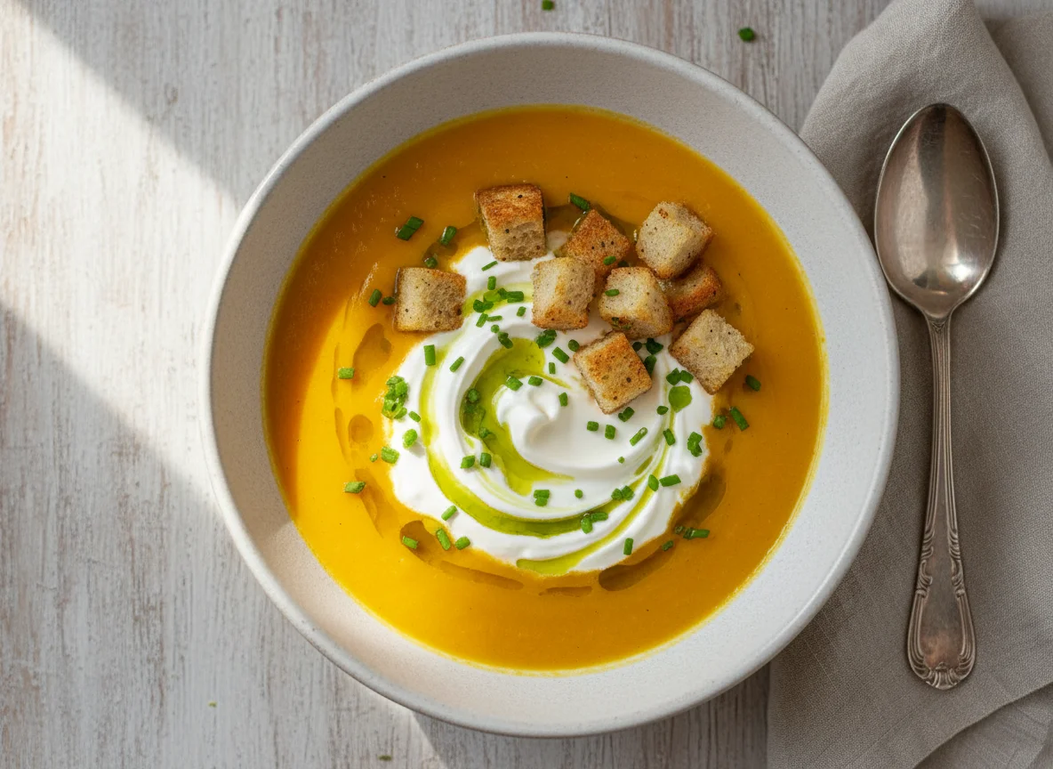 Kürbiscremesuppe mit Croutons und Sahne photo