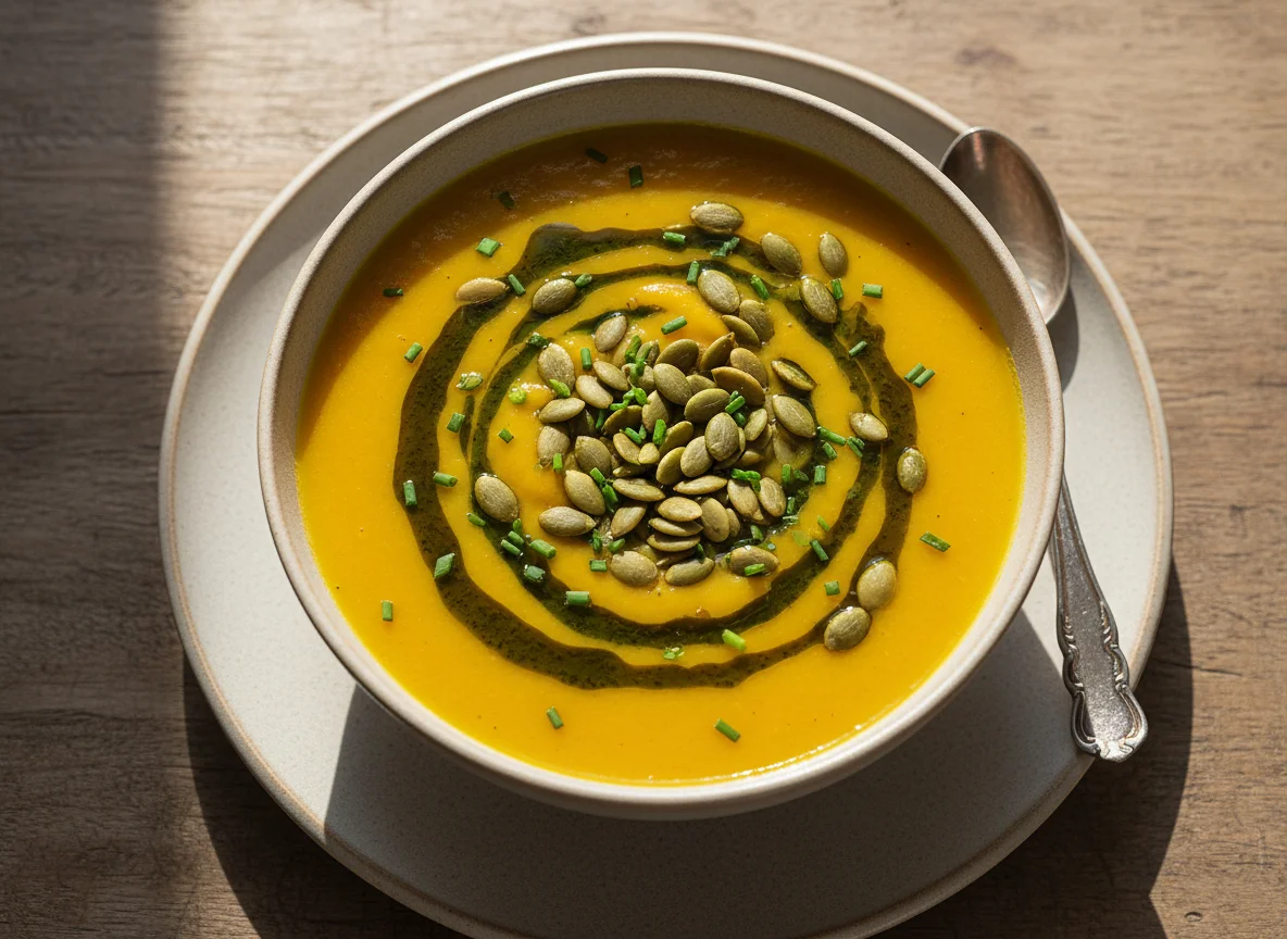 Kürbiscremesuppe mit Kernöl und Kürbiskernen photo