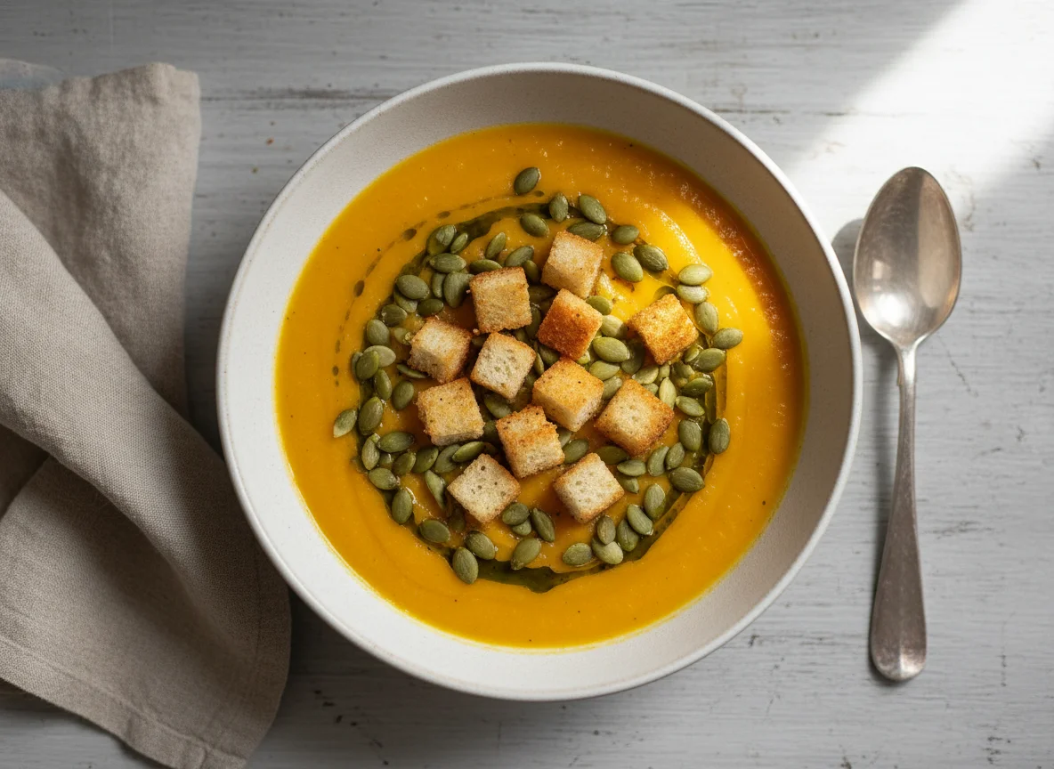 Kürbiscremesuppe mit Kürbiskernen und Croutons photo