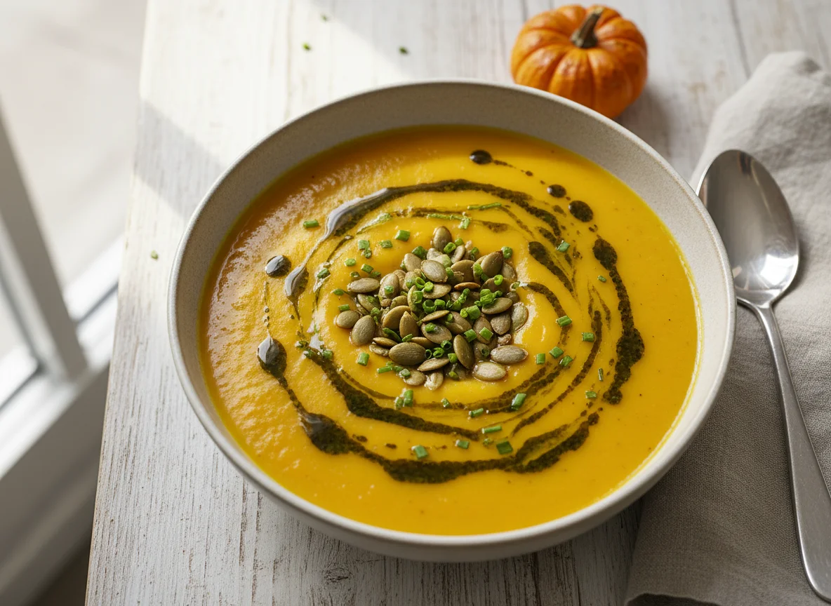 Kürbiscremesuppe mit Kürbiskernöl und Kürbiskernen photo