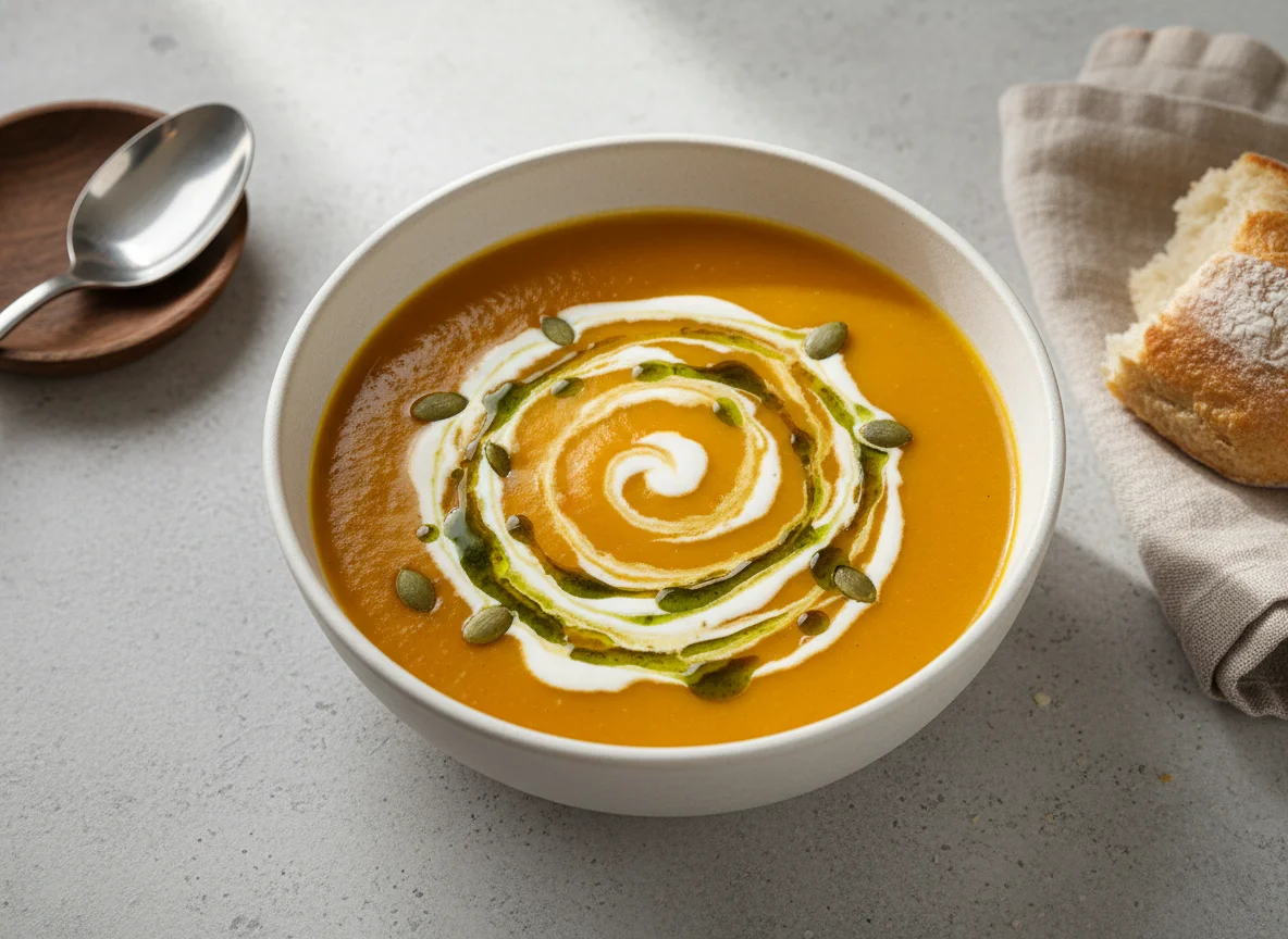 Kürbiscremesuppe mit Sahne und Kürbiskernöl photo