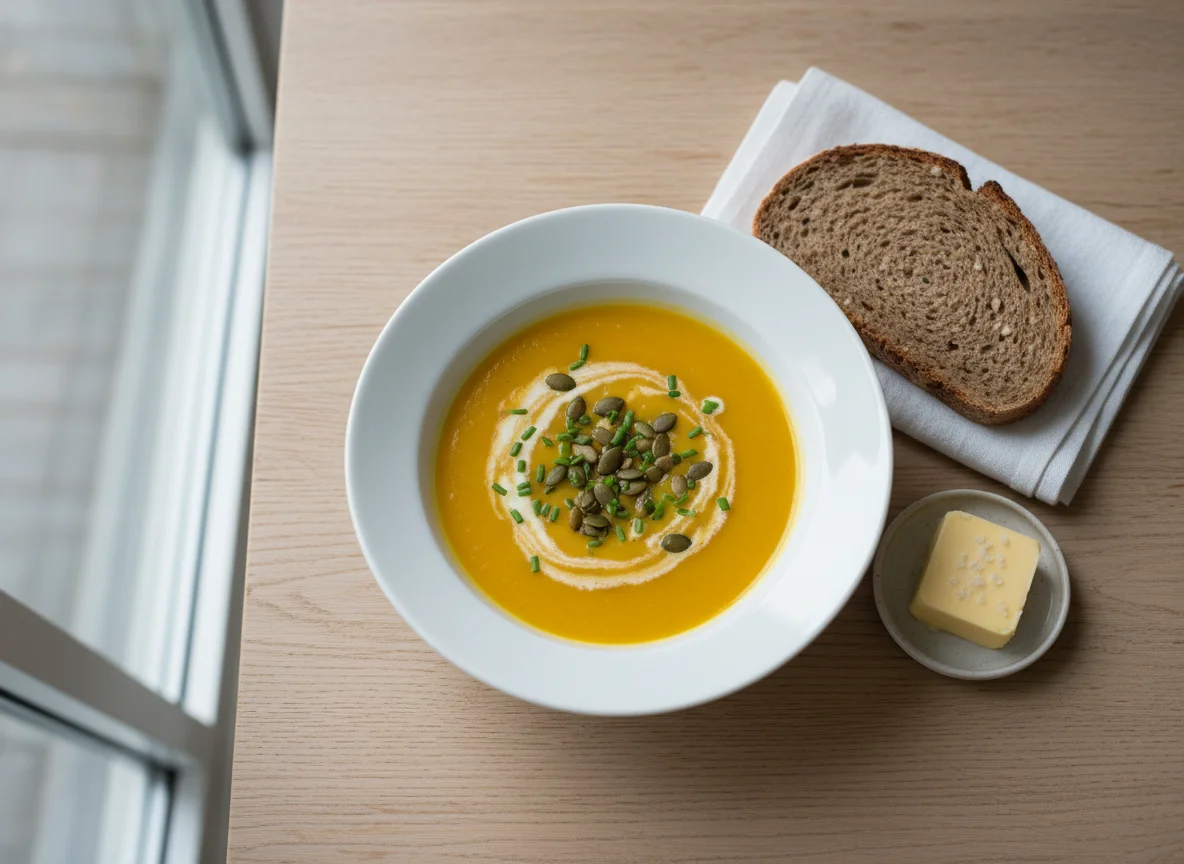 Kürbiscremesuppe mit Vollkornbrot photo
