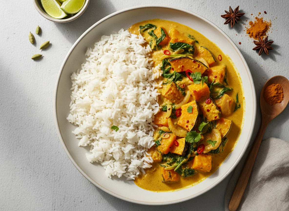 Kürbis-Curry mit Reis photo
