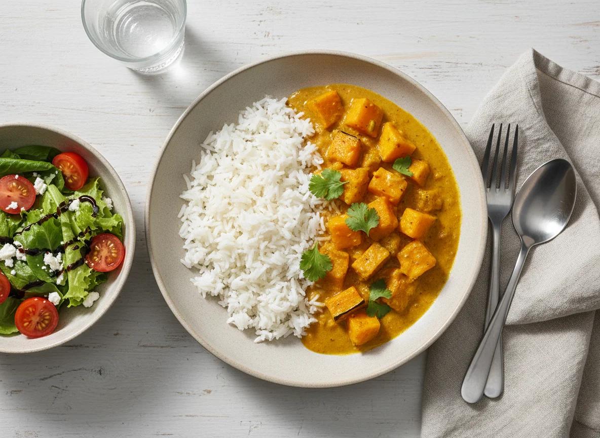 Kürbis-Curry mit Reis und gemischtem Salat photo