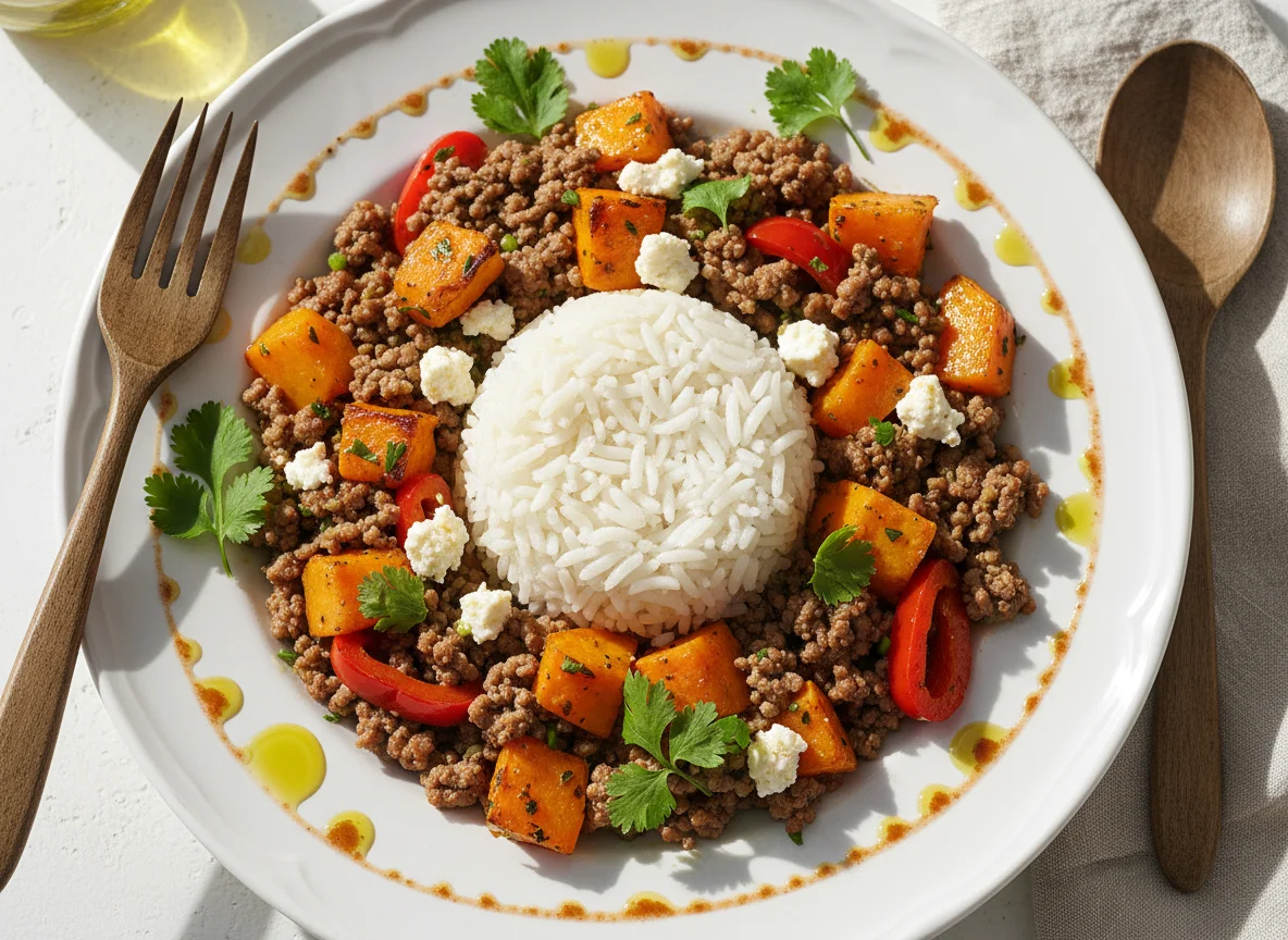 Kürbis-Feta-Gericht mit Reis und Hackfleisch photo