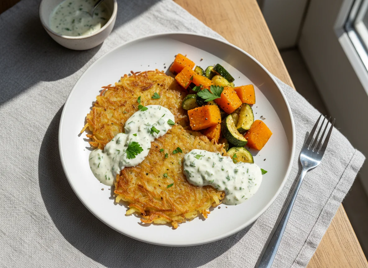 Kürbis-Gemüse mit Rösti und Sauce photo