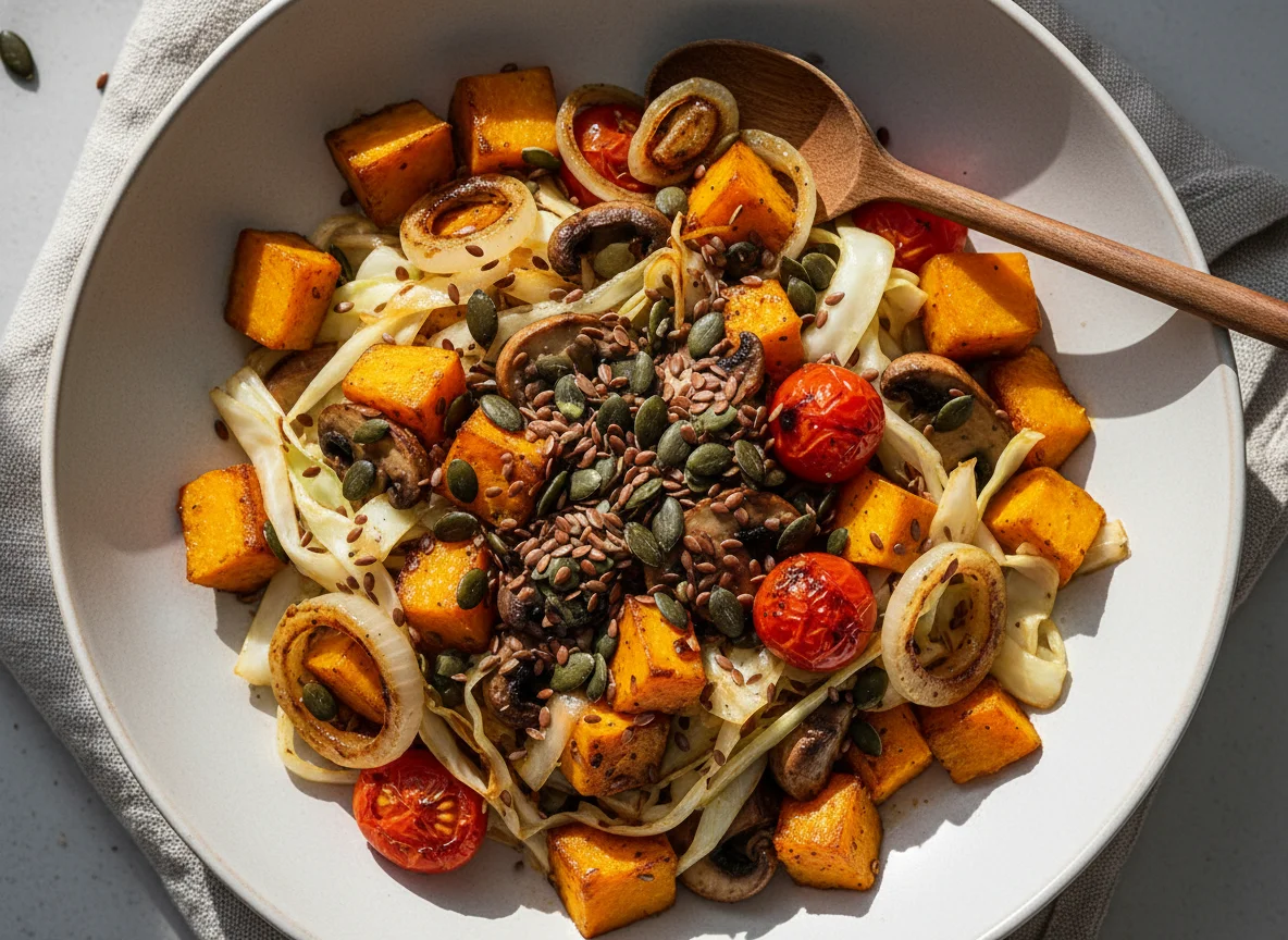 Kürbis-Gemüse-Bowl mit Pilzen und Samen photo