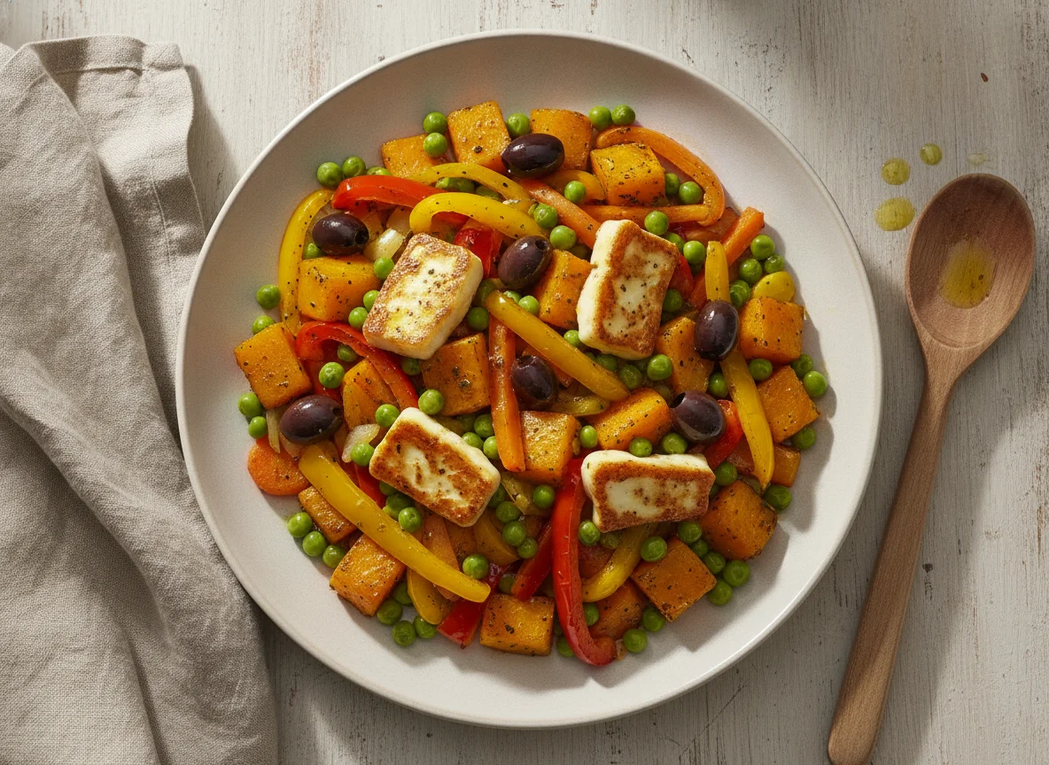 Kürbis-Gemüsepfanne mit Halloumi Käse photo