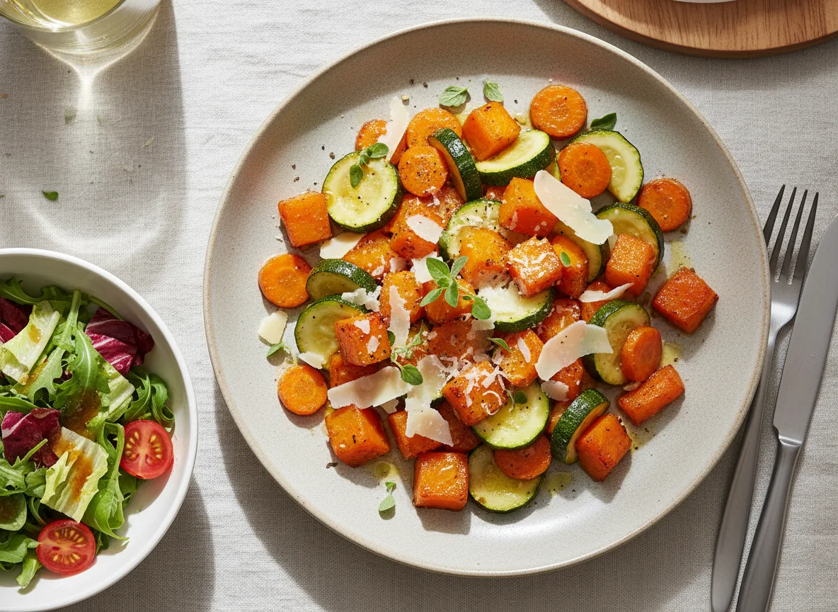 Kürbis-Gemüse-Pfanne mit Salat photo