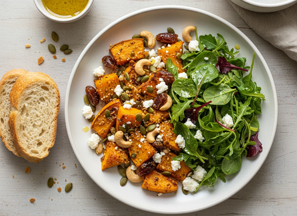 Kürbisgericht mit Salat und Baguette photo
